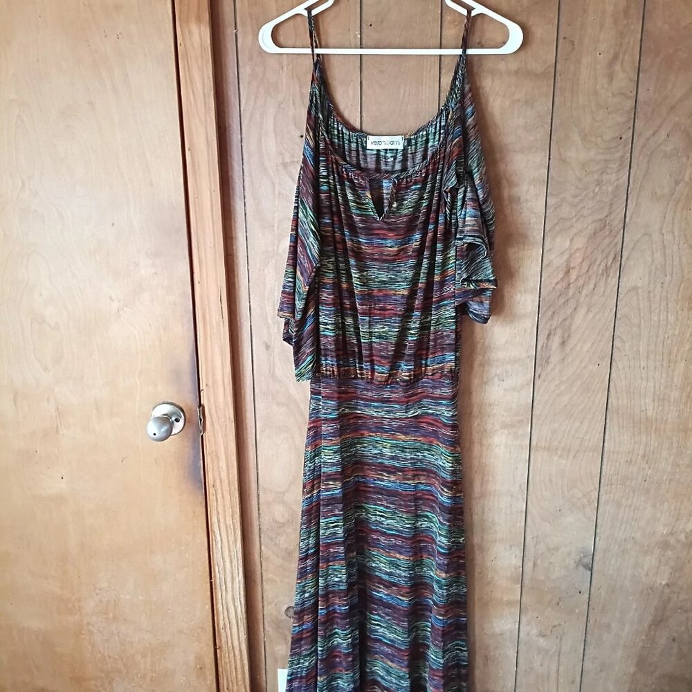 Veronica M Multicolor Striped Cold Shoulder Maxi Dress XS Boho Stretch